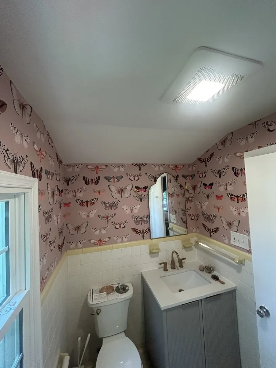 Bathroom and cove ceiling — whimsical butterfly designer wallpaper