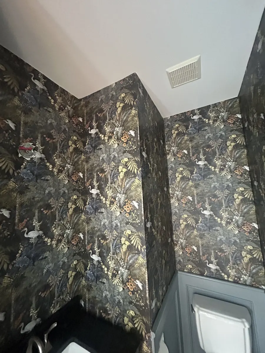 Dramatic marbleized and gold leaf luxury hallway accent wallpaper