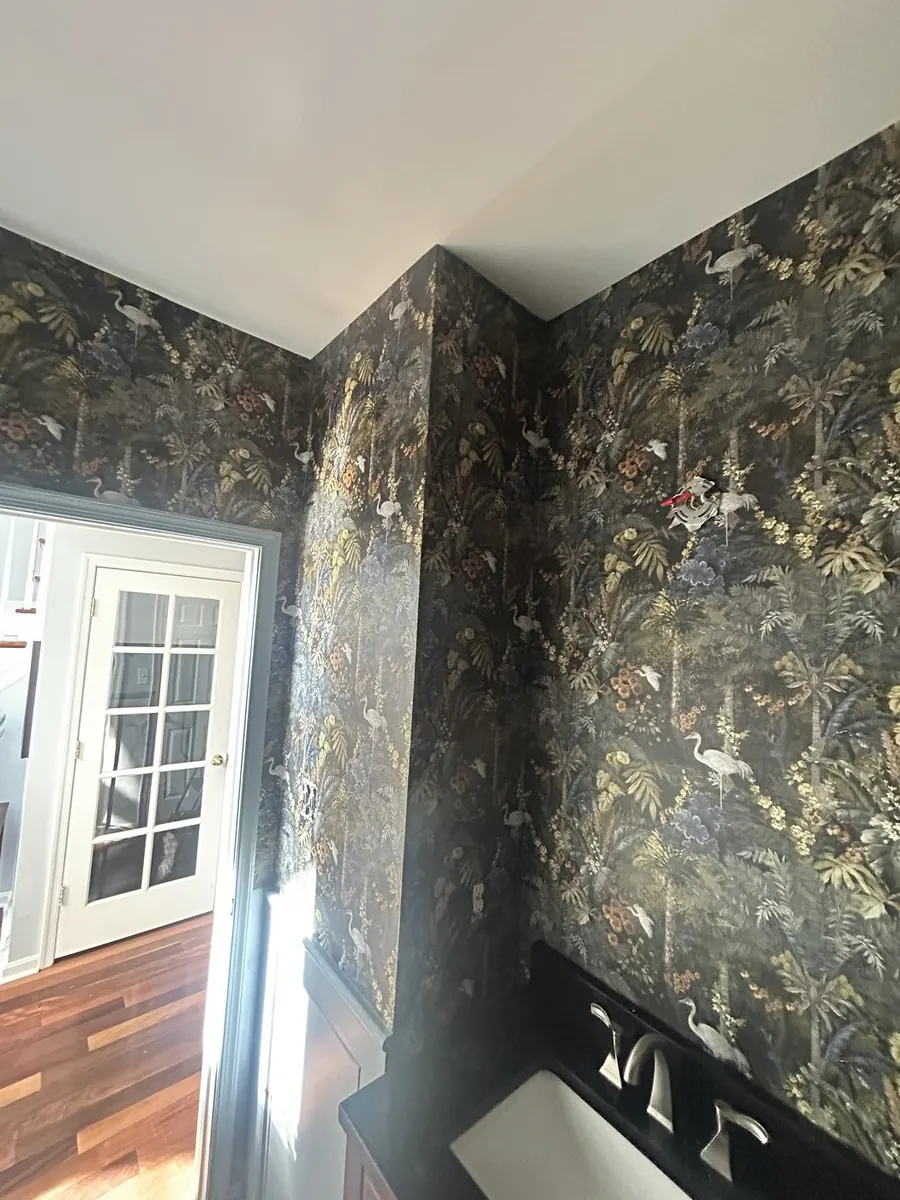 Dark jungle and heron wallpaper in a powder room — wallpaper installation by ProKir Design, serving Brooklyn