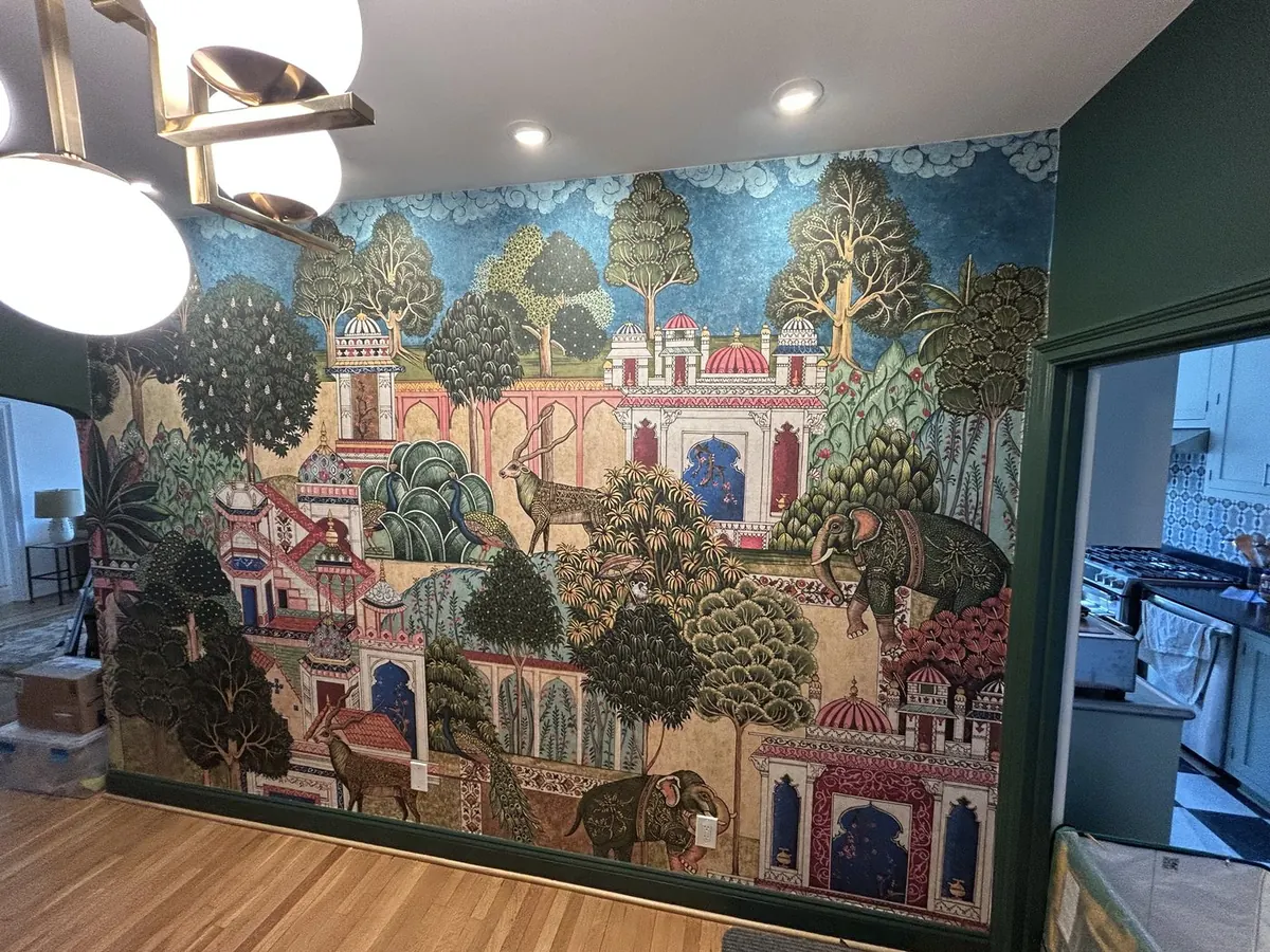 Hand-illustrated palace and garden scenic mural installation