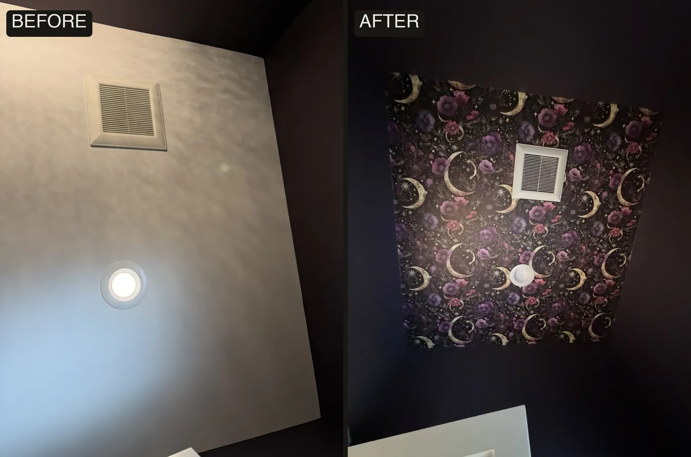 Before and after: a plain powder room ceiling transformed with celestial moon wallpaper — wallpaper installation by ProKir Design