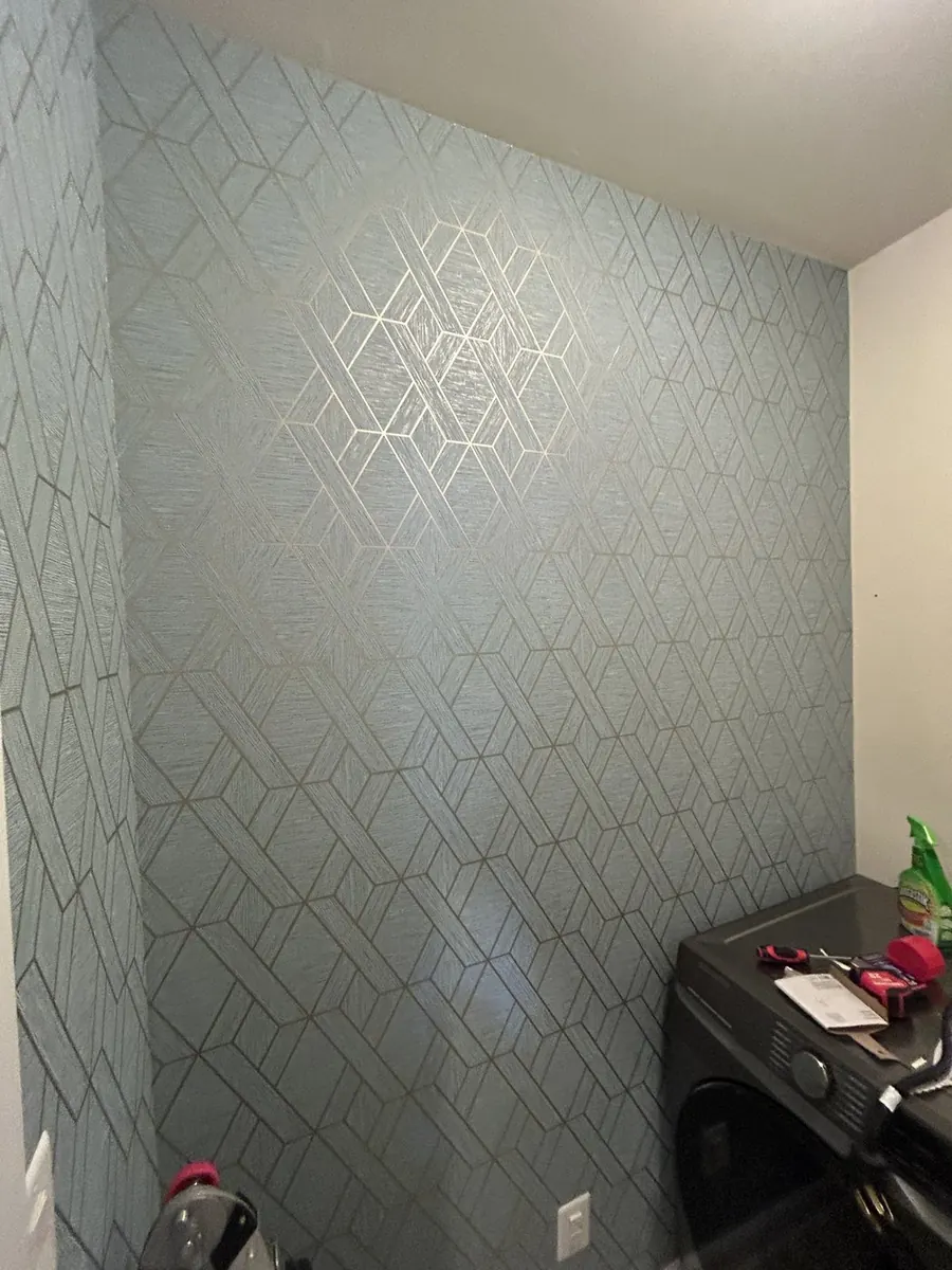 Master bedroom — shimmering Art Deco metallic geometric wallpaper