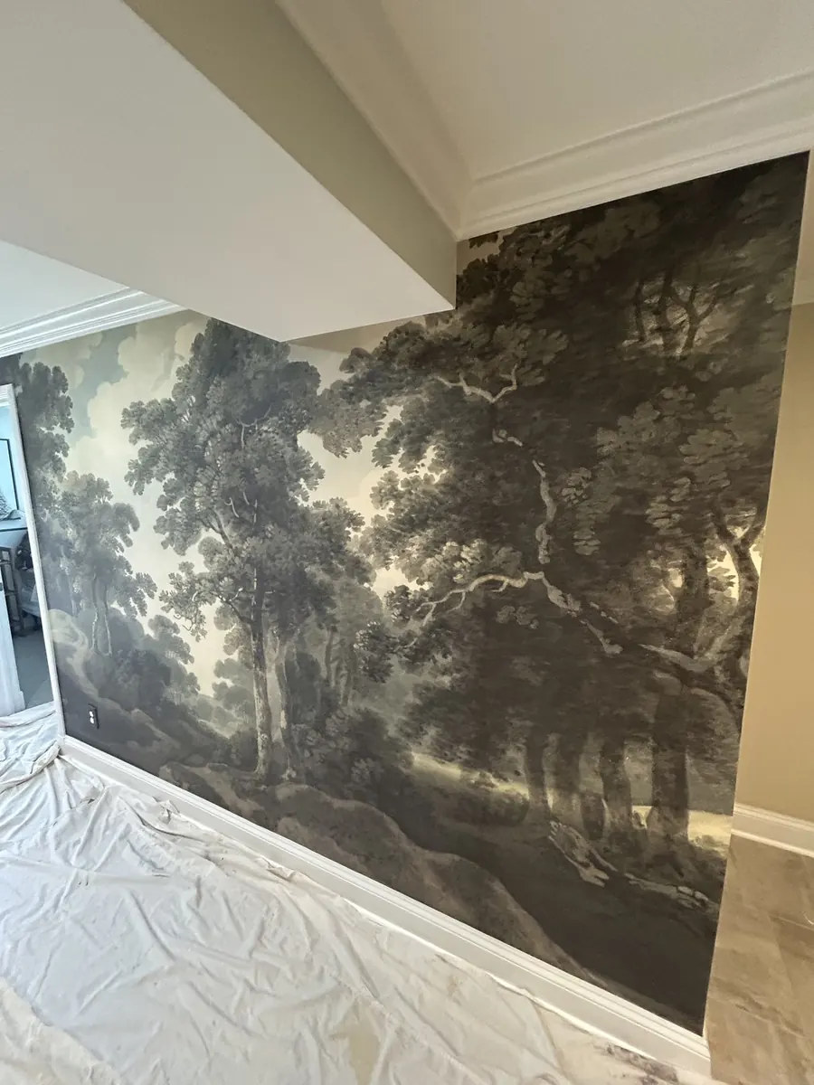 Antique forest landscape grisaille panoramic wallpaper mural installation in luxury home