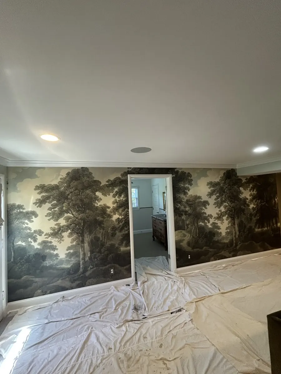 Classic forest landscape panoramic wallpaper with architectural door framing