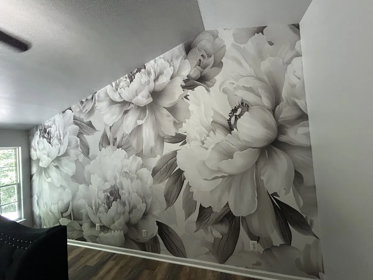 Contemporary monochrome peony floral wallpaper detail