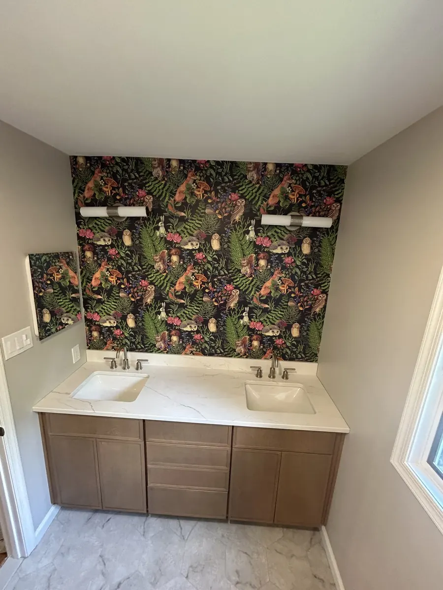 Modern vanity — exotic tropical botanical and foliage wallpaper