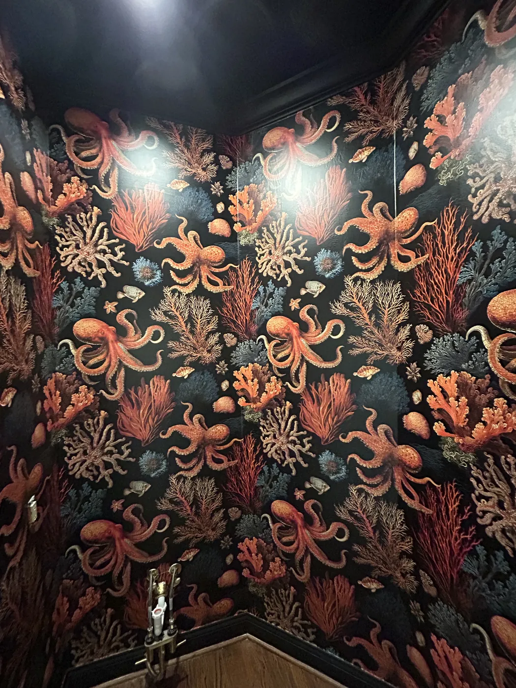 Octopus and coral print wallpaper in a dark powder room — wallpaper installation by ProKir Design