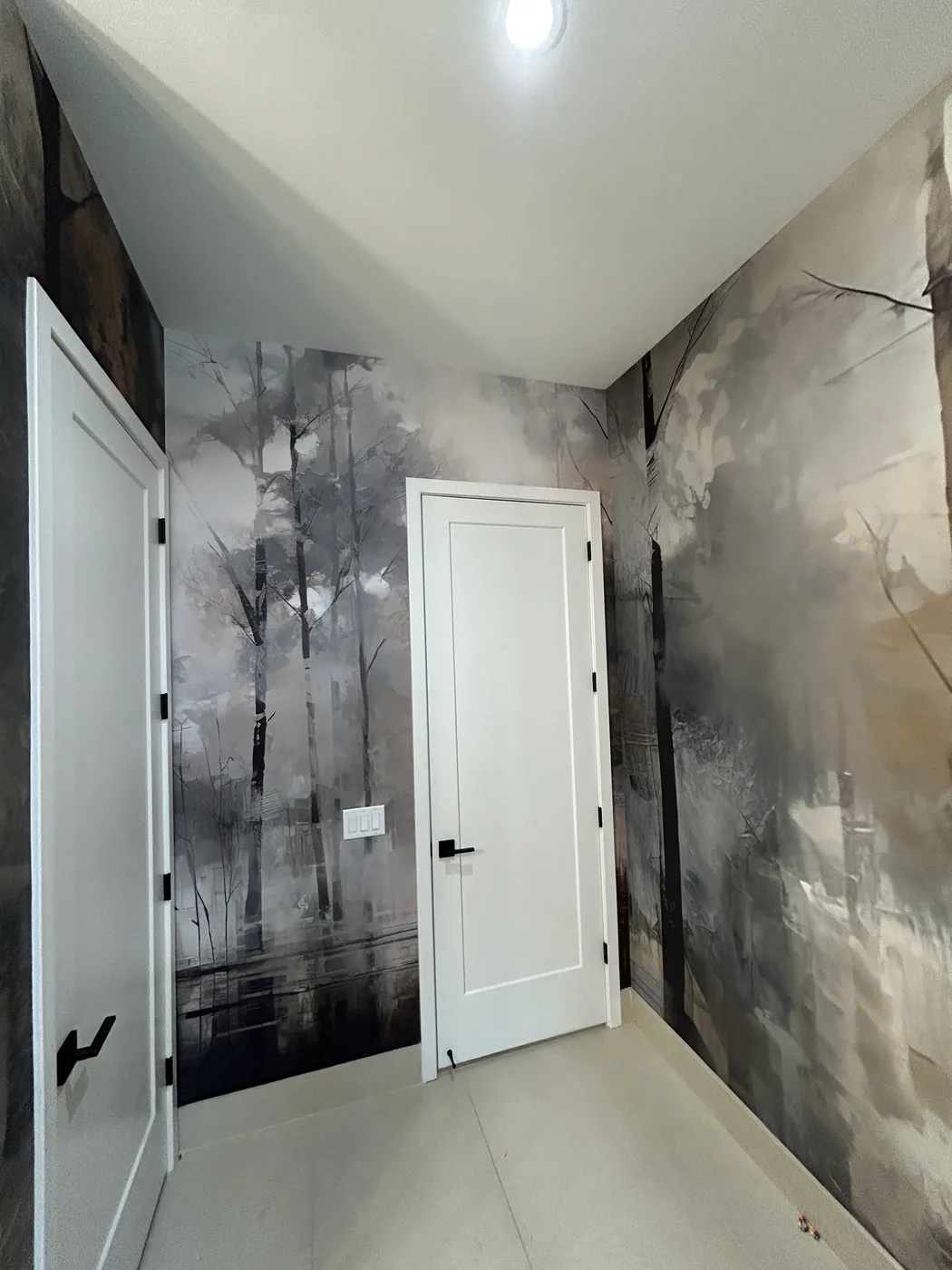 Misty grey forest mural in a modern bathroom, New Jersey — wallpaper installation by ProKir Design