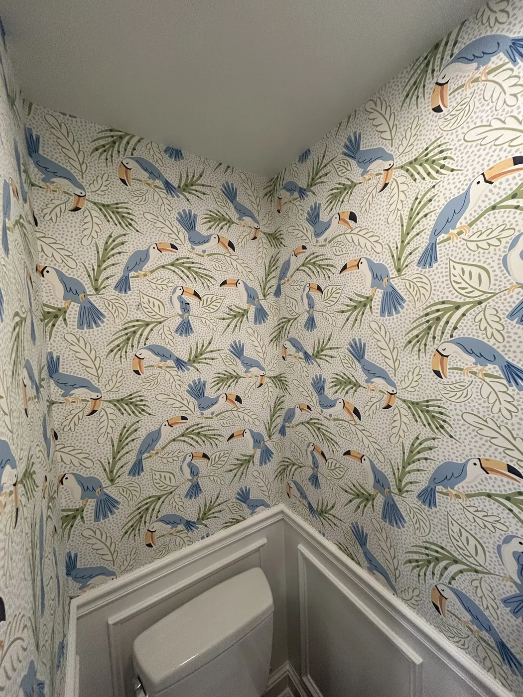 Toucan and palm wallpaper above wainscoting in a powder room — wallpaper installation by ProKir Design