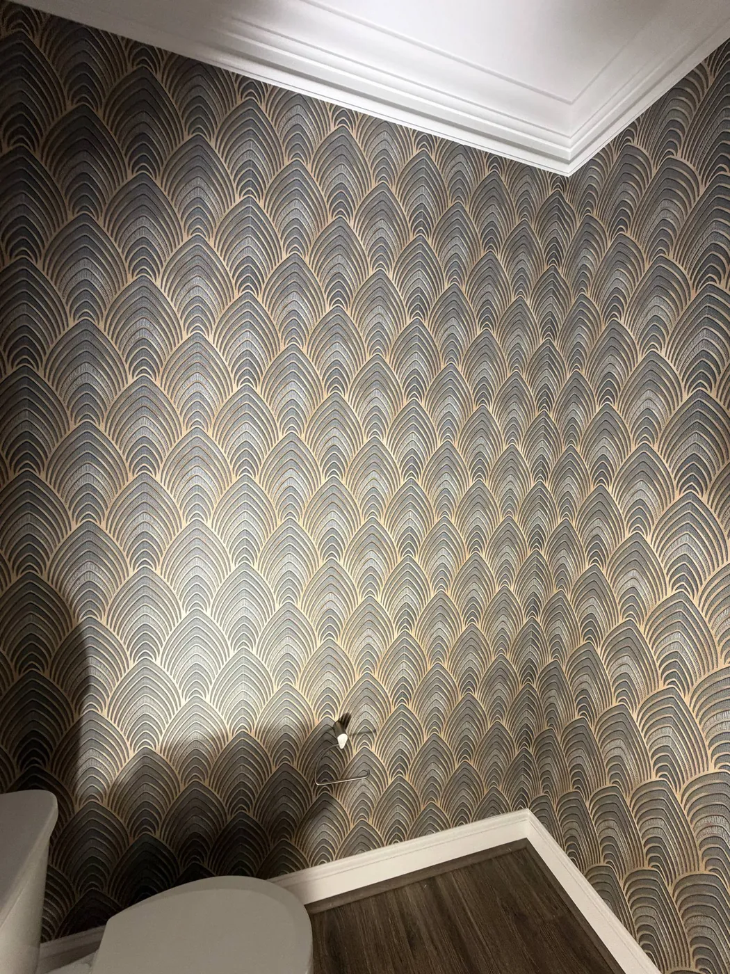 Art Deco fan wallpaper in a powder room — wallpaper installation by ProKir Design