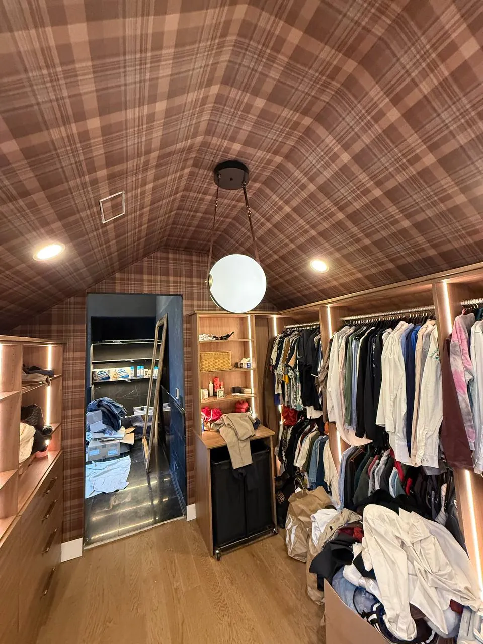 Plaid wallpaper on a vaulted walk-in closet ceiling — wallpaper installation by ProKir Design