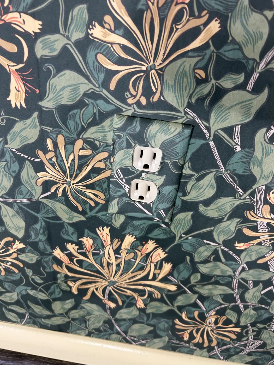 Honeysuckle pattern continued across an outlet cover — wallpaper installation by ProKir Design