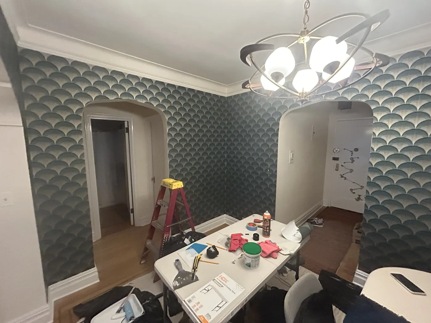 Teal scallop wallpaper in a dining room, Upper East Side — wallpaper installation by ProKir Design