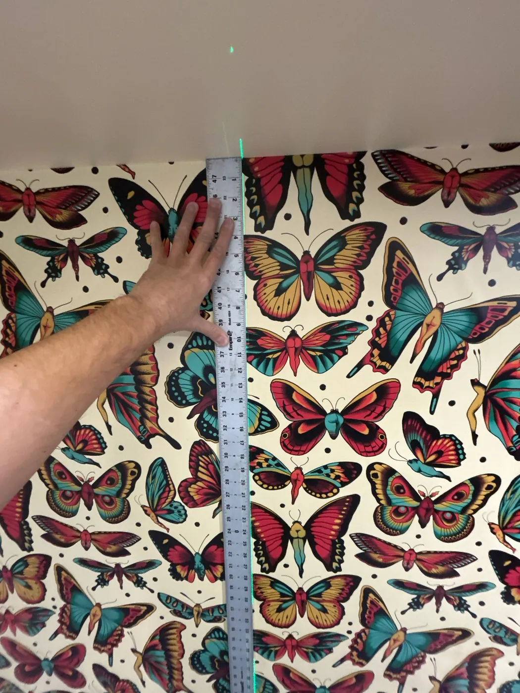Measuring the pattern repeat before cutting butterfly wallpaper — wallpaper installation by ProKir Design