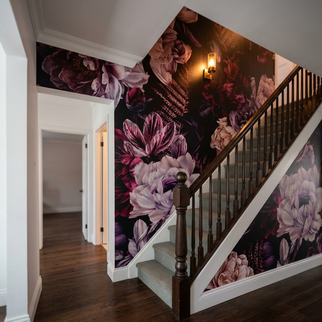 Premium dark floral wallpaper mural on a residential stairwell with warm sconce lighting — installation by ProKir Design
